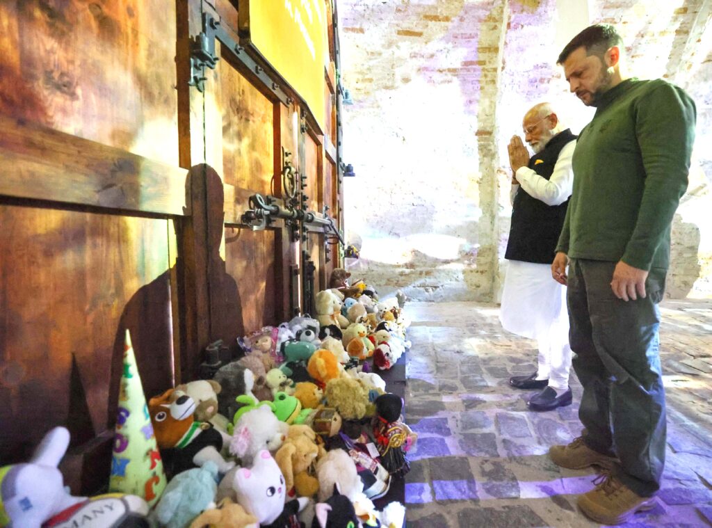 Prime Minister Narendra Modi Honouring the memory of children at Martyrologist Exposition With Volodymyr Zelenskyy, President of Ukraine in Kiev, Ukraine on Friday.